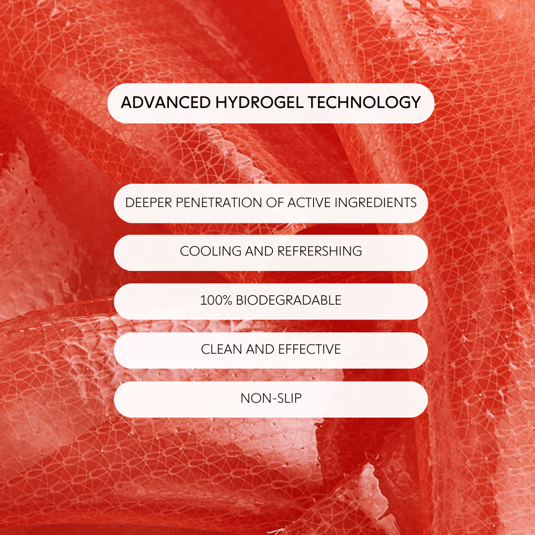 list of benefits of advanced hydrogel technology on a textured orange background. Advanced Hydrogel Technology: Deeper Penetration of Active Ingredients, Cooling and Refreshing, 100% Biodegradable, Clean and Effective, Non-Slip