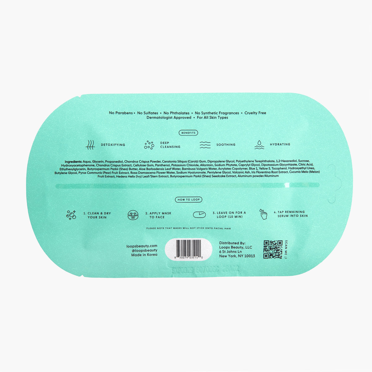 The back of a mint green sheet mask packaging, featuring product ingredients, usage instructions, a barcode, and a QR code on a light gray background.