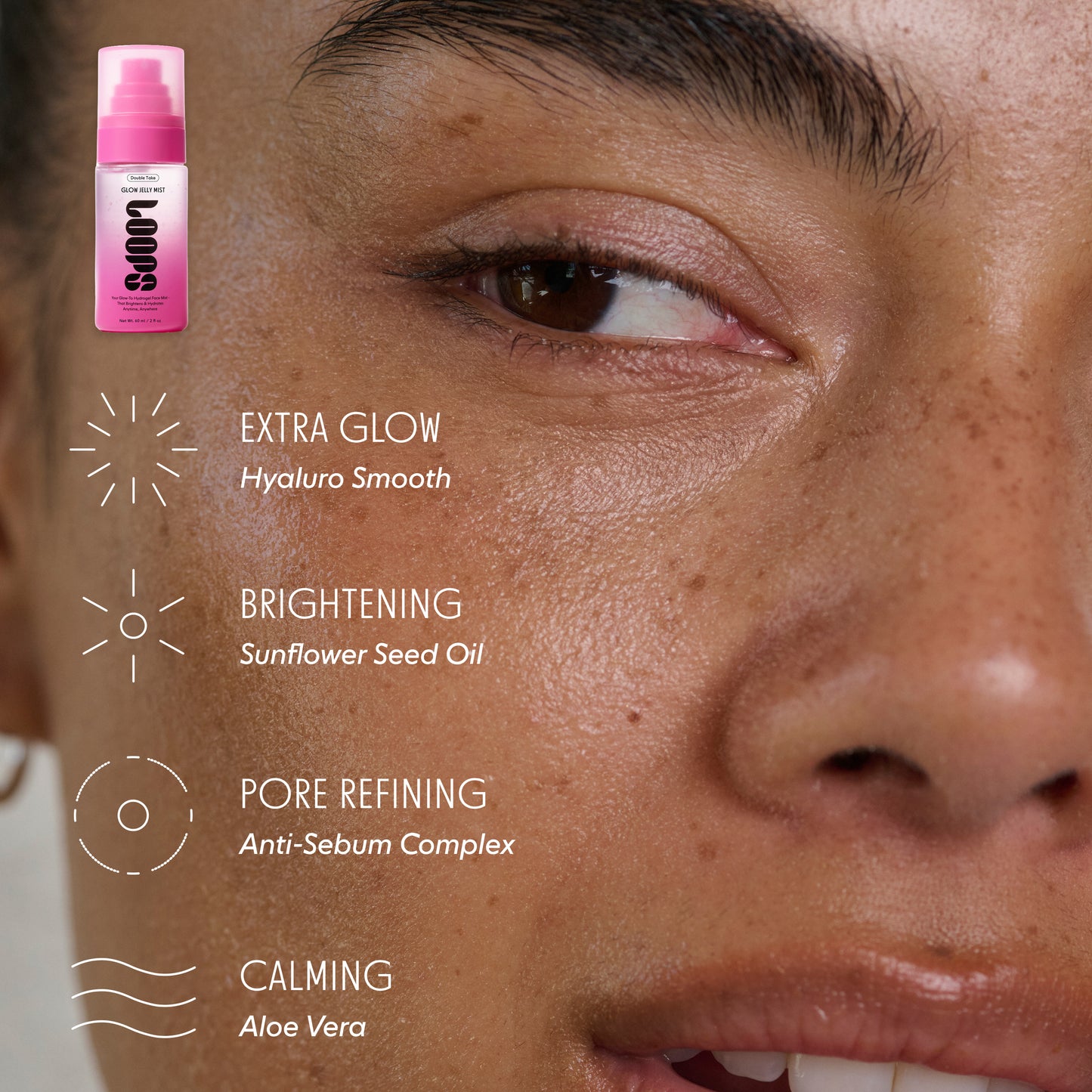 Close-up of a person's eye with skincare product and benefits listed