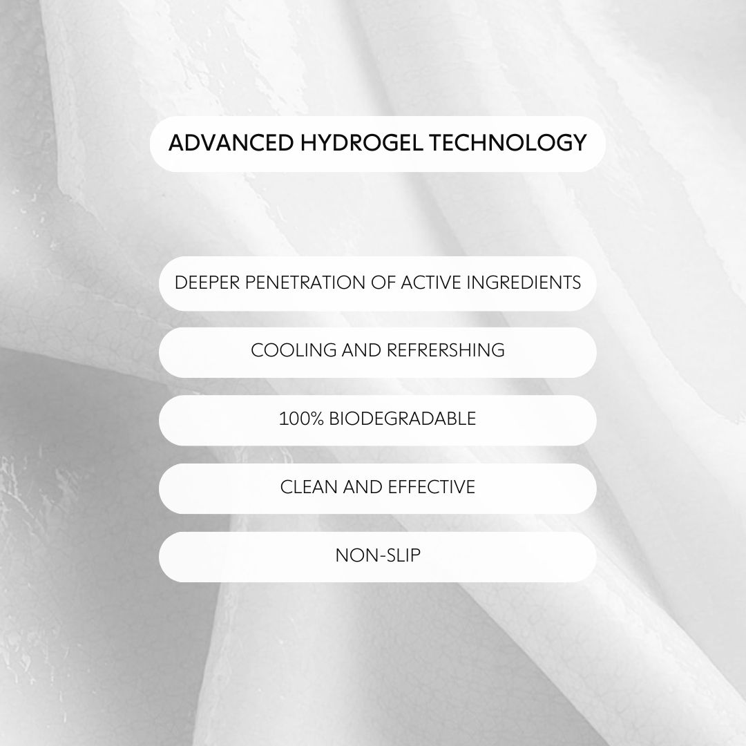 A list of the benefits of advanced hydrogel technology. Deeper penetration of active ingredients; cooling and refreshing; 100% biodegradable; clean and effective; non-slip