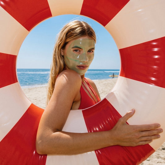 A woman with a green face mask stands on a beach behind a large red and white striped inflatable ring, wearing a red bikini top. The ocean and sand are visible in the background.