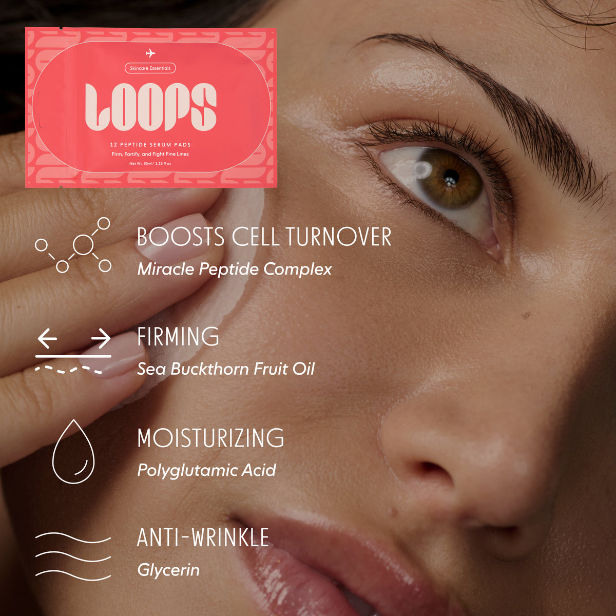Cosmetic product packaging with text detailing skincare benefits on a close-up of a person's eye area using a skincare pad. Boosts Cell Turnover (Miracle Peptide Complex), Firming (Sea Buckthorn Fruit Oil), Moisturizing (Polyglutamic Acid), Anti-Wrinkle (Glycerin)