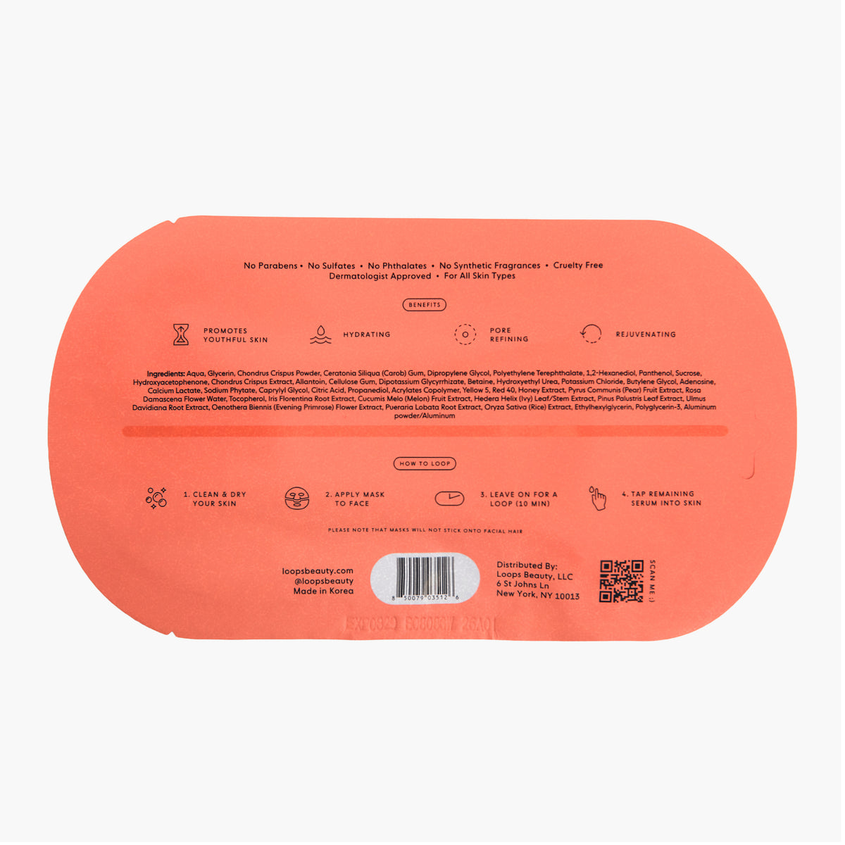 The back of a peach-colored sheet mask, featuring detailed product information, ingredients, application instructions, a barcode, and a QR code on a solid white background.
