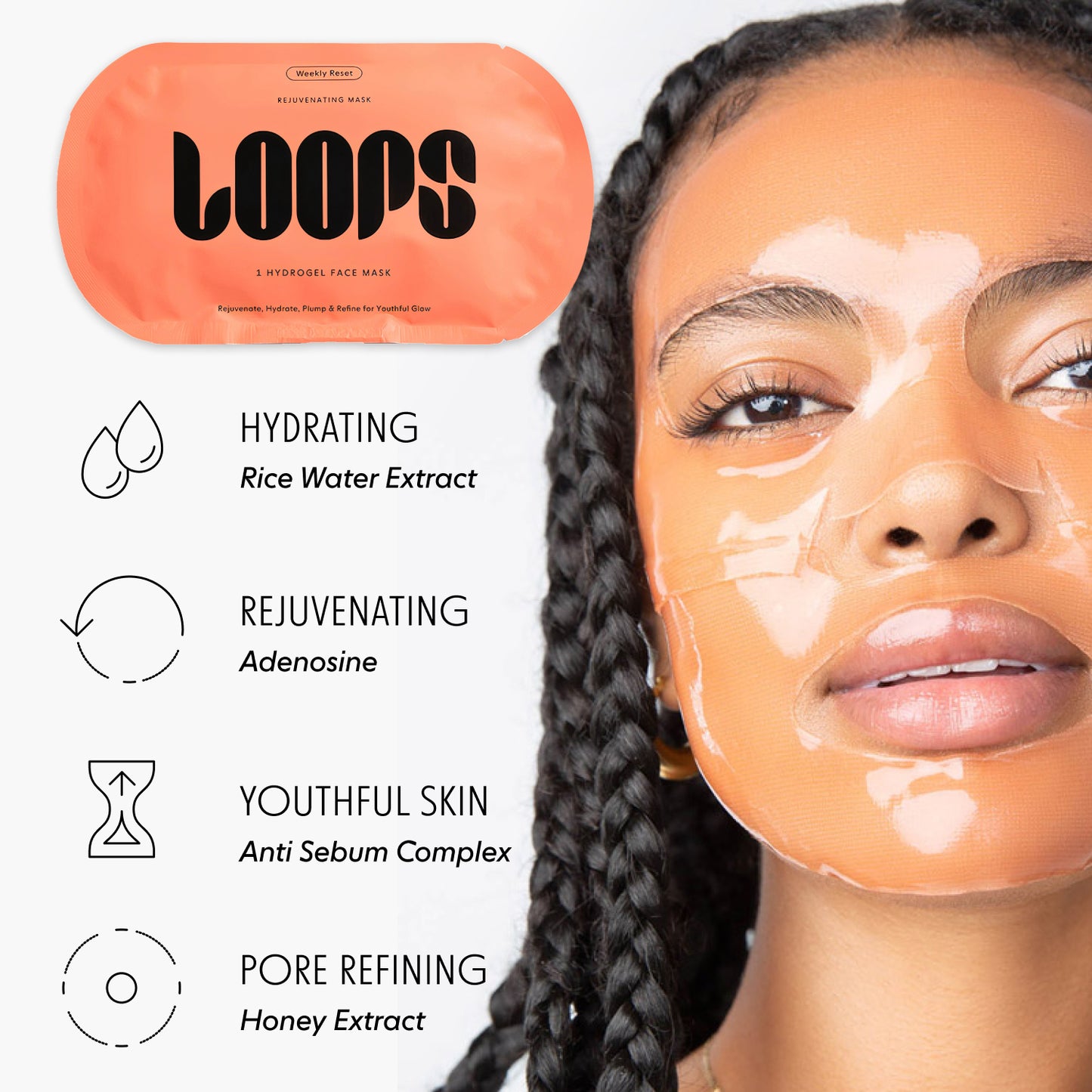 Woman with facial mask applied, LOOPS product packaging, and skincare benefits listed. Hydrating (Rice Water Extract), Rejuvenating (Adenosine), Youthful Skin (Anti Sebum Complex), Pore Refining (Honey Extract)