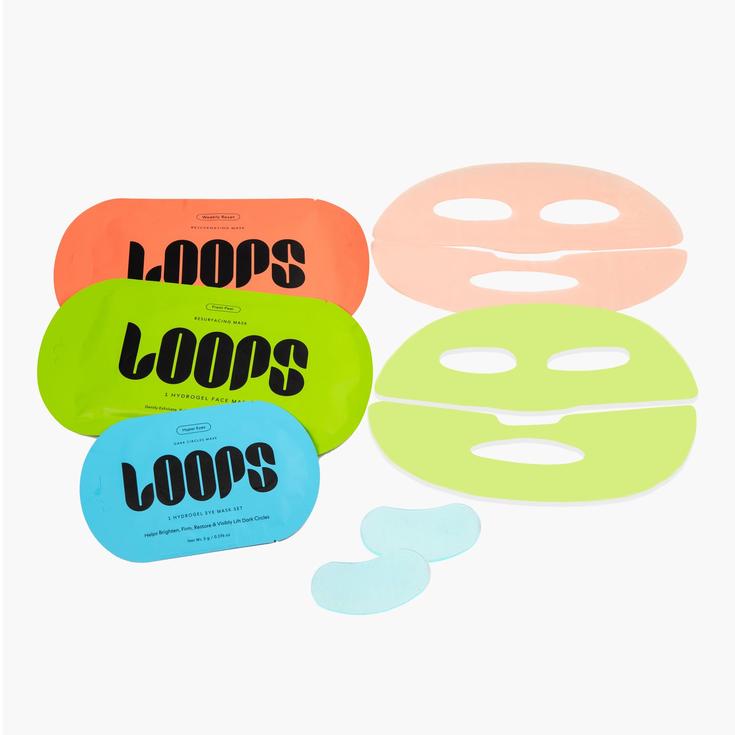 Laydown of 2 LOOPS hydrogel face masks and 1 hydrogel eye mask
