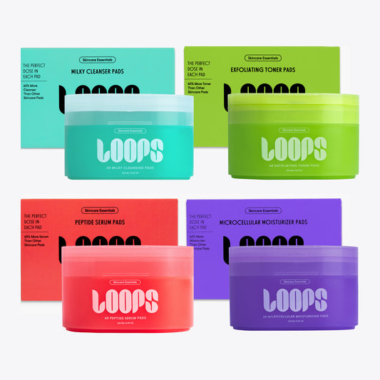Set of LOOPS skincare products in various colors on a white background