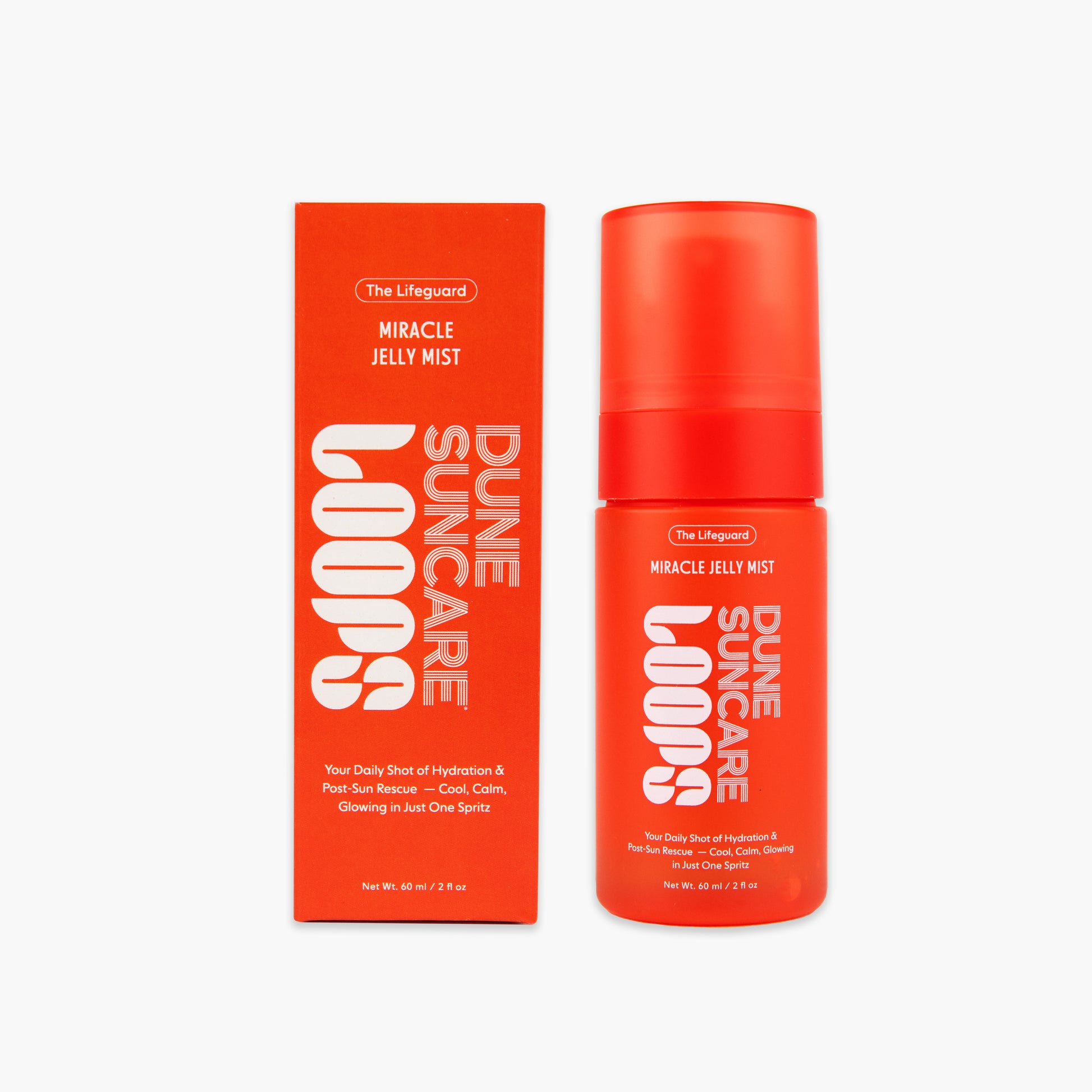 The Lifeguard Dune Suncare Loops Miracle Jelly Mist in a bright orange-red bottle next to its matching retail box, set against a clean white background.
