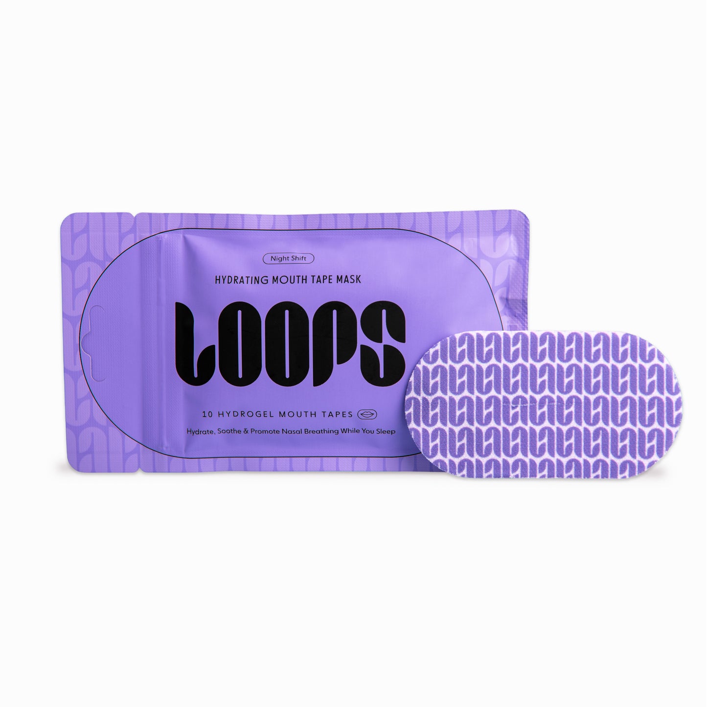 Purple packaging of LOOPS hydrogel mouth tapes on a white background