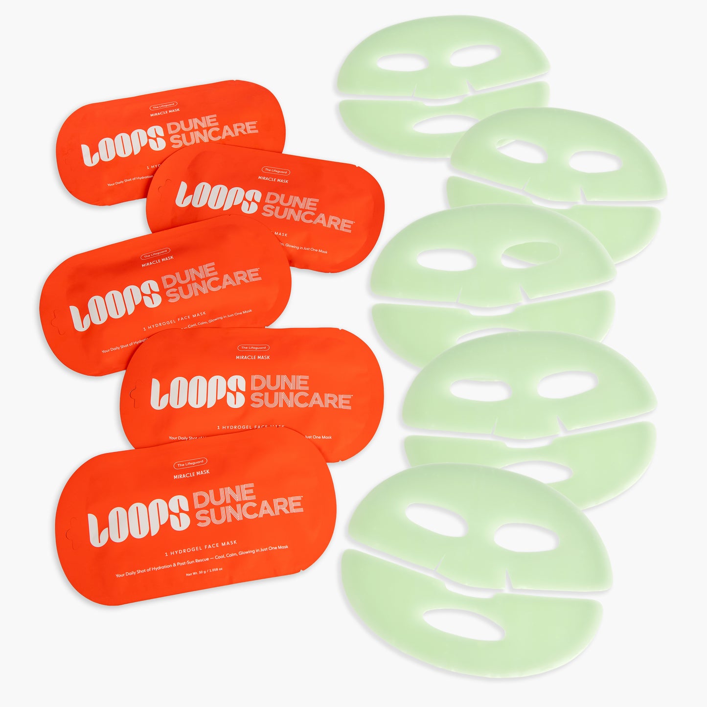 Five orange LOOPs Dune Suncare face mask packages and five pale green hydrogel face masks arranged on a white background.