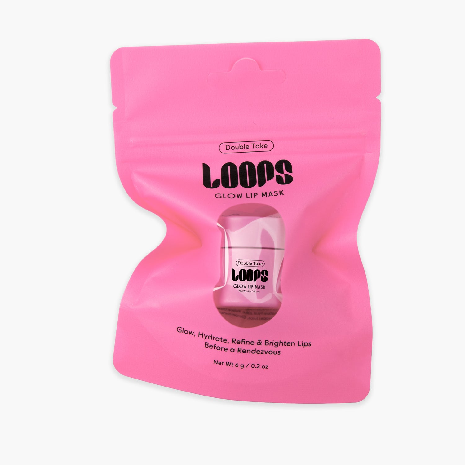 Pink lip mask packaging with 'LOOPS' branding on a white background