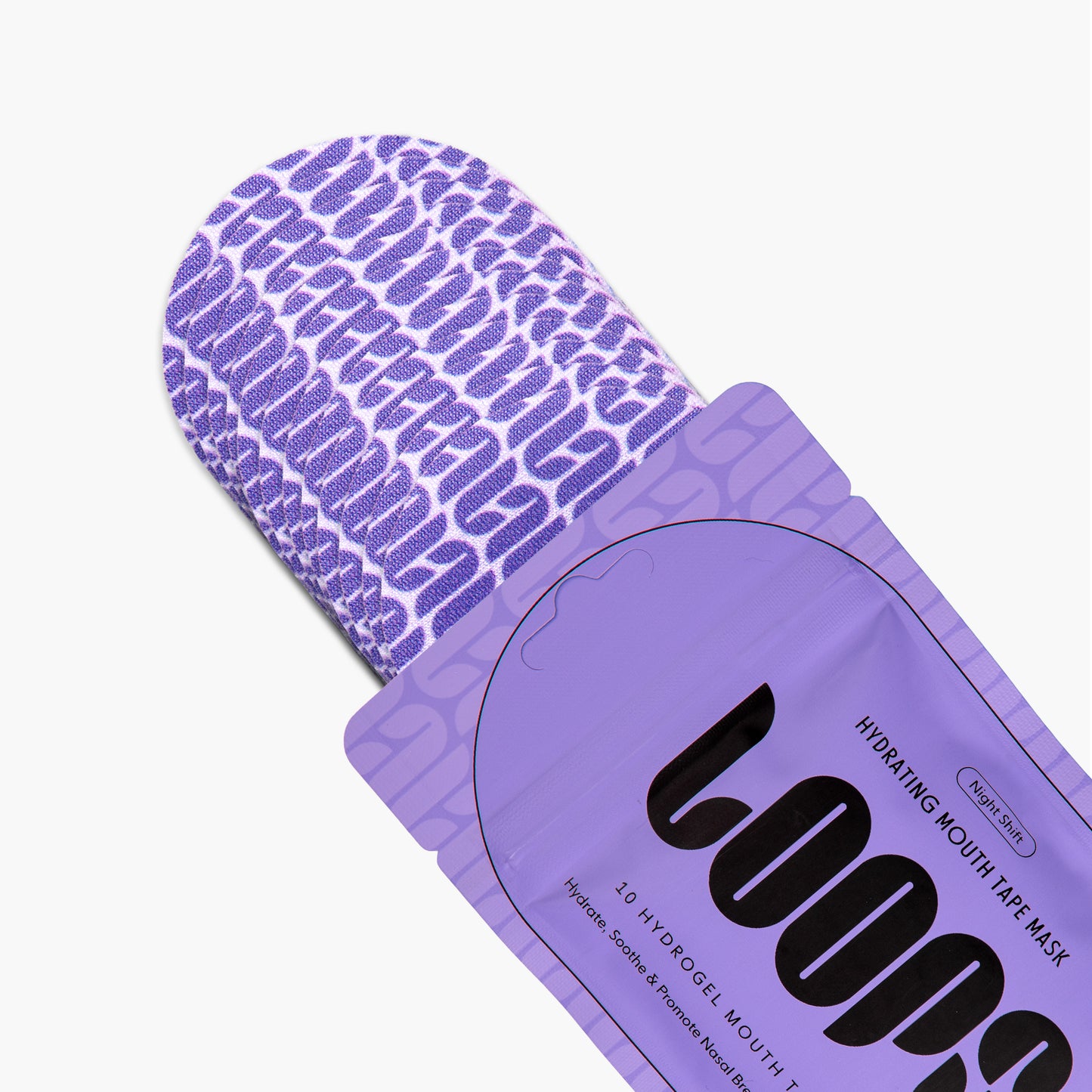 Purple mouth tape mask with packaging on a white background