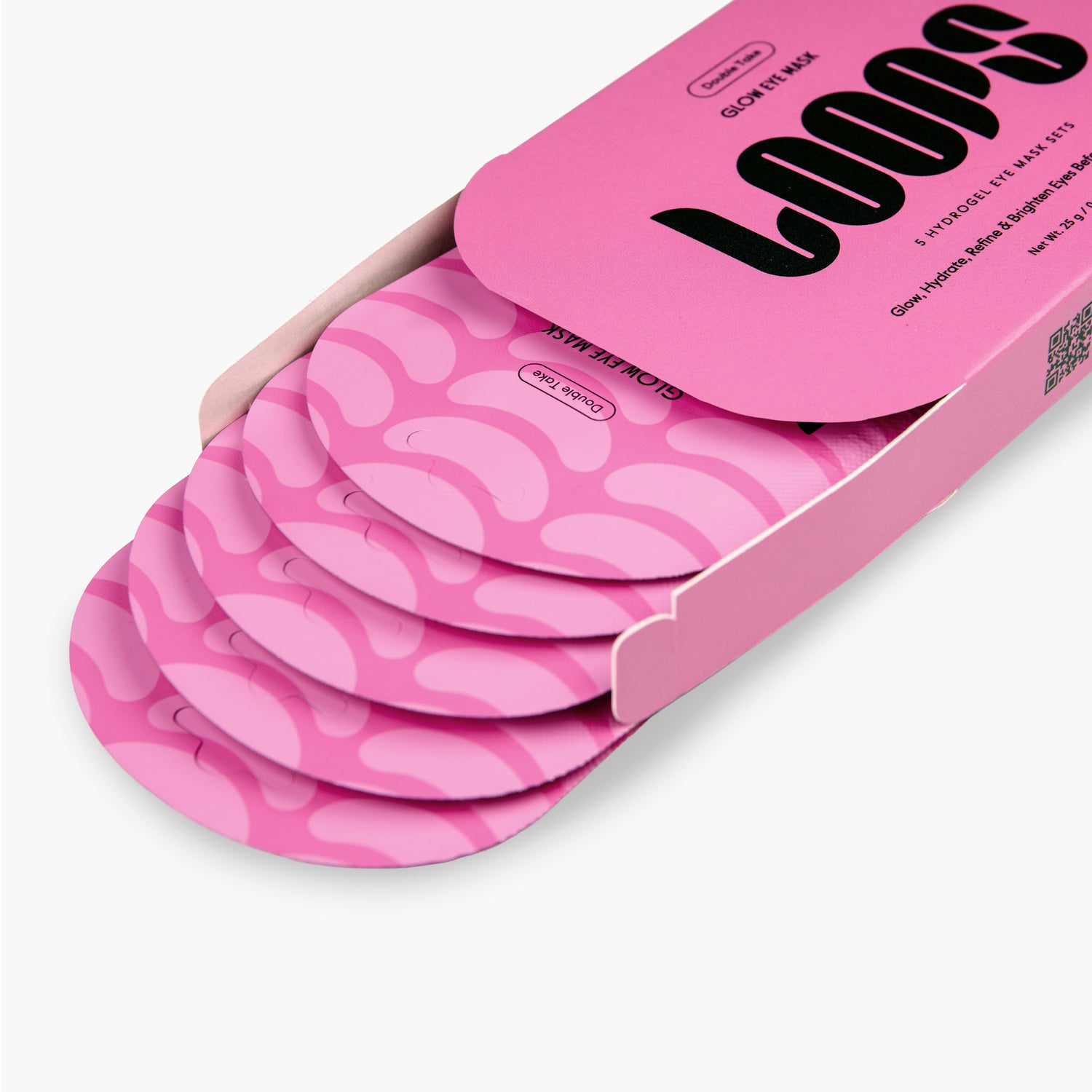 Pink packaging of LOOPS with multiple pink eye mask pouches inside on a white background