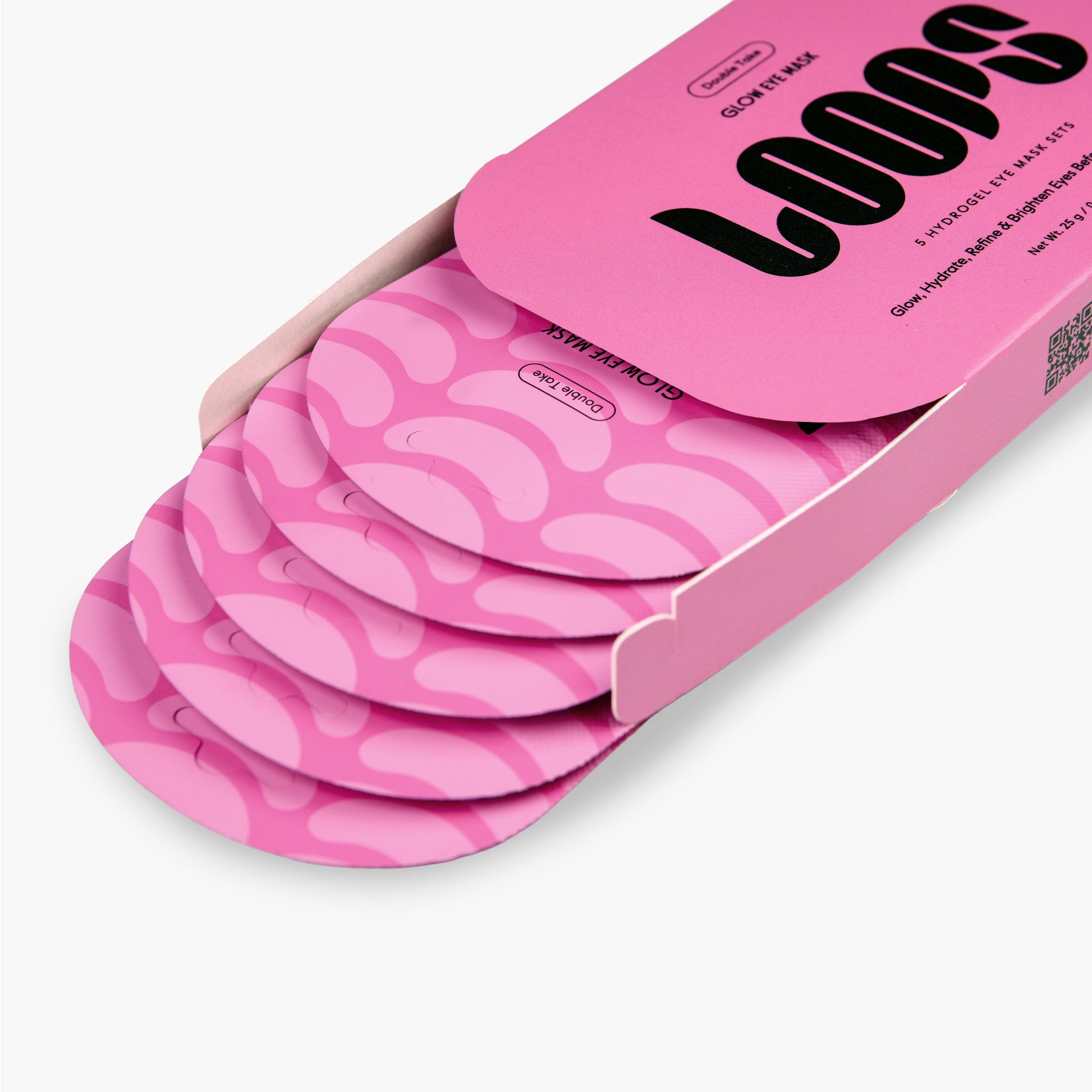 Pink packaging of LOOPS with multiple pink eye mask pouches inside on a white background