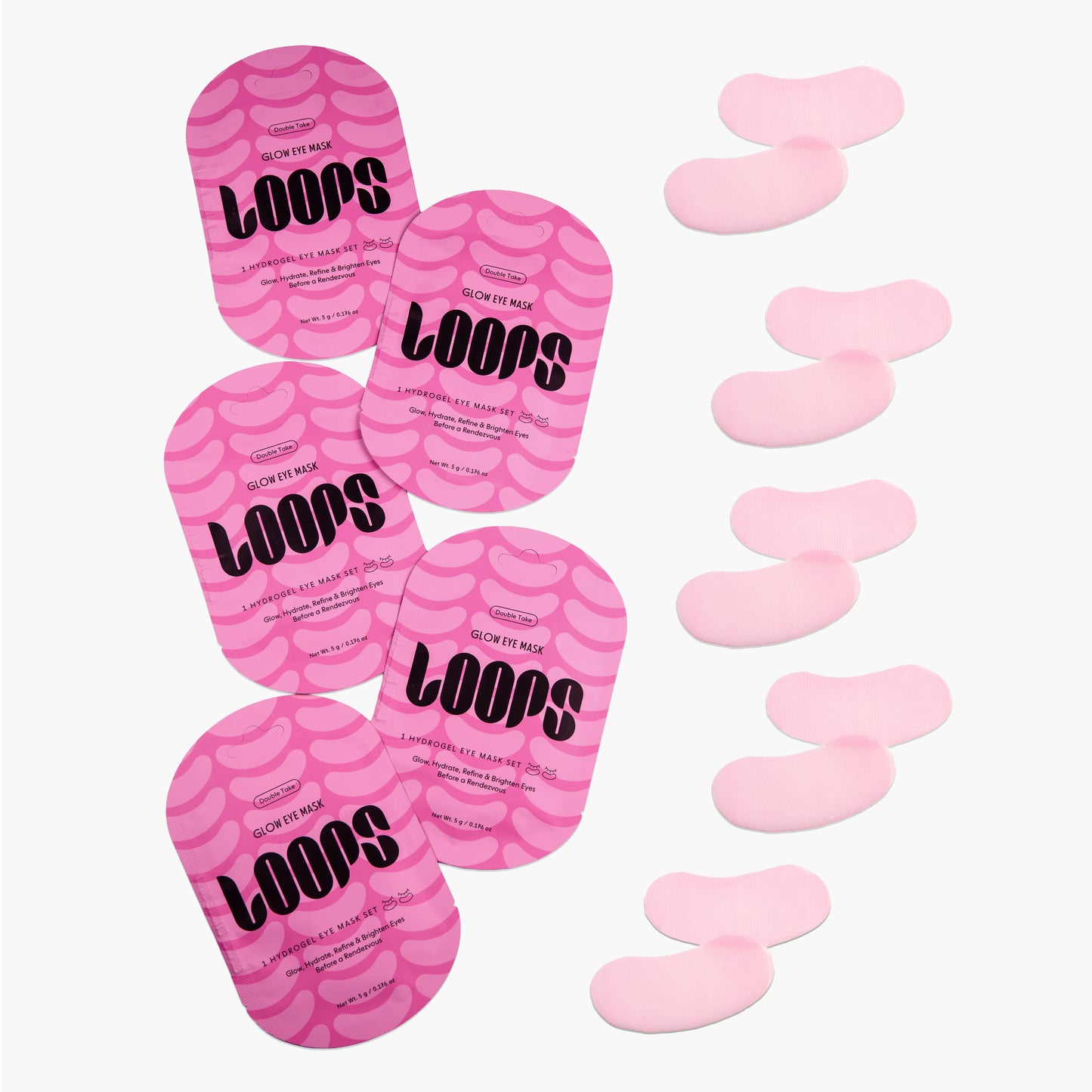 Pink eye masks labeled 'LOOPS' with some removed on a white background