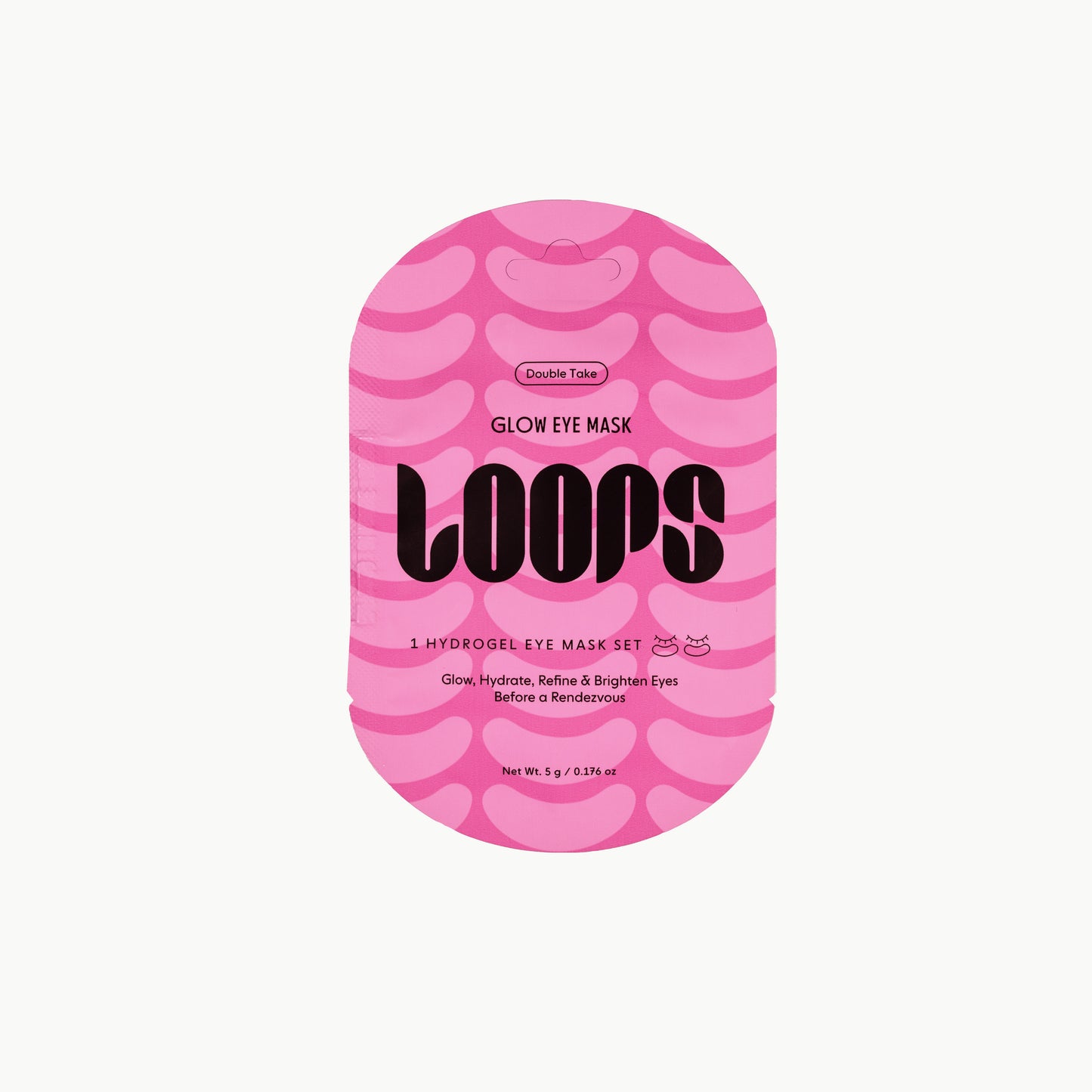 Pink packaging of LOOPS hydrogel eye mask set on a white background