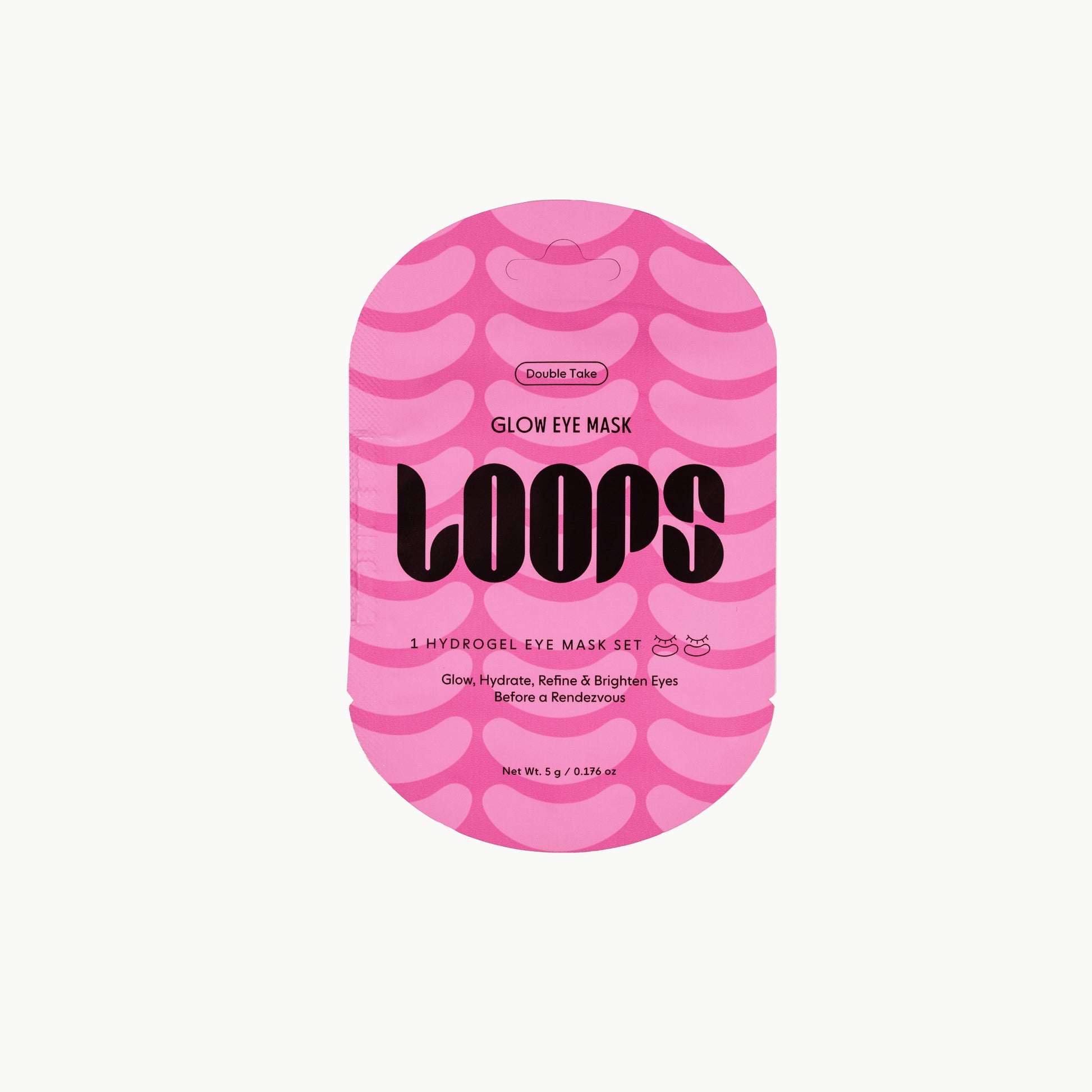 Pink packaging of LOOPS hydrogel eye mask set on a white background