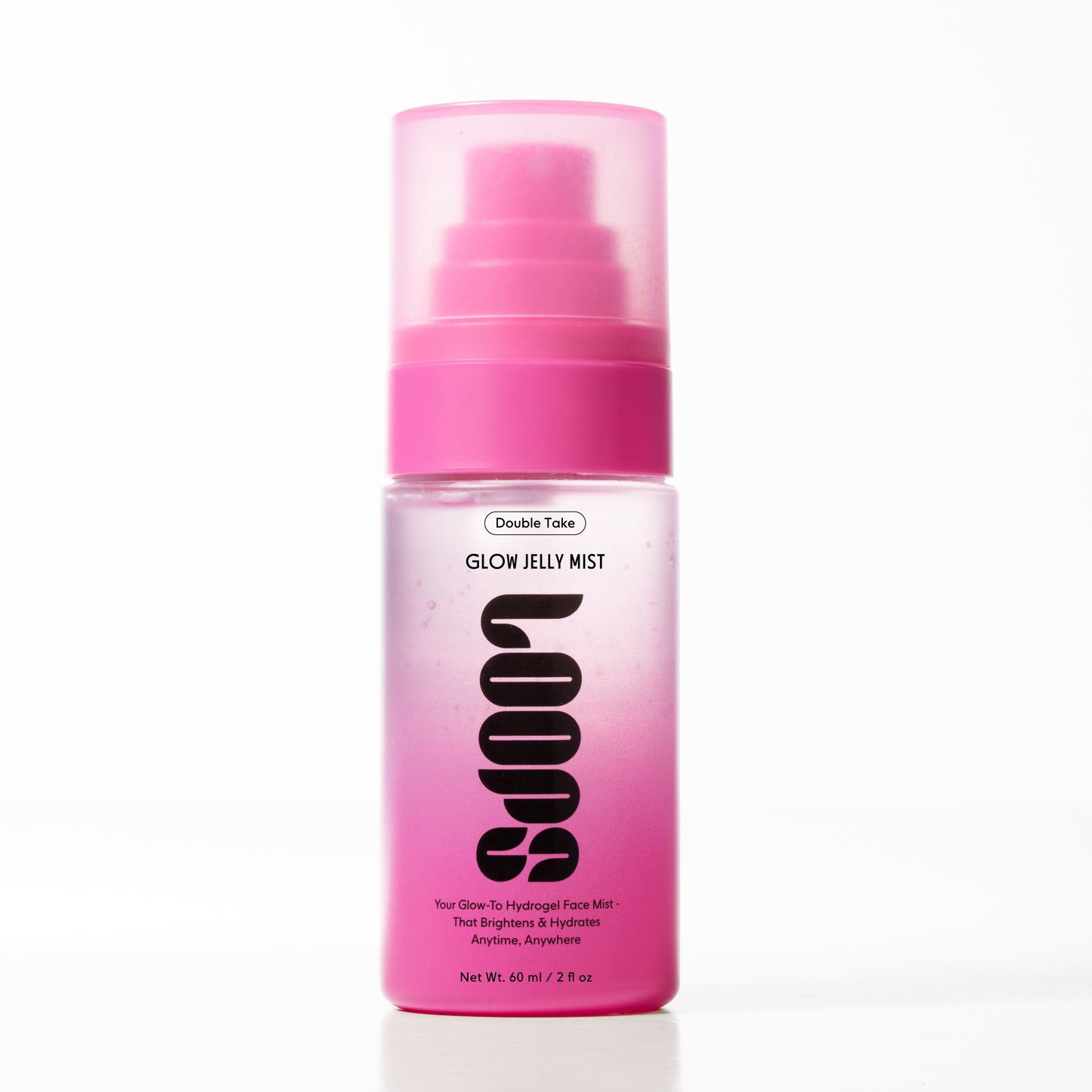 Pink bottle of 'Double Take Glow Jelly Mist' on a white background