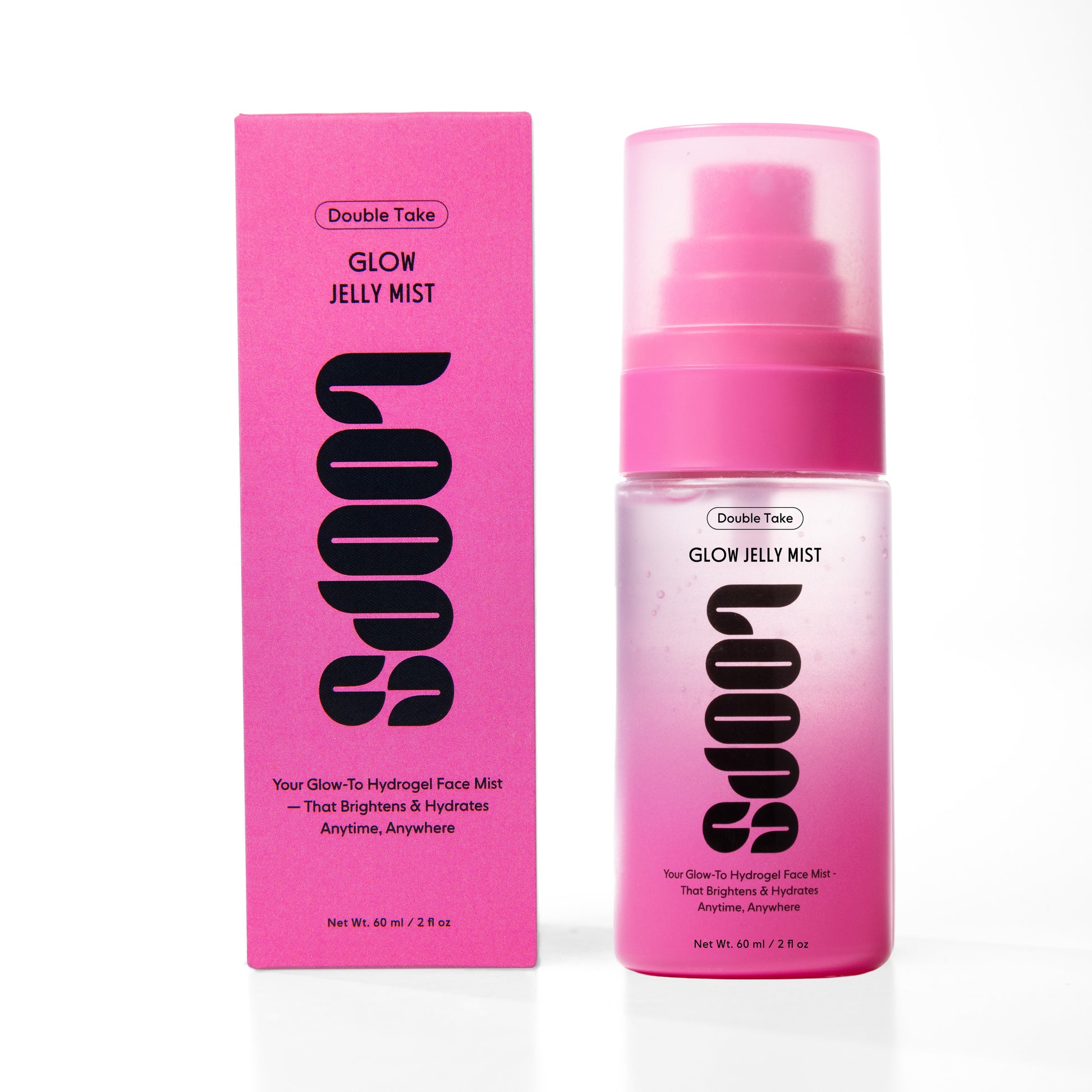 Pink 'LOOPS' glow jelly mist bottle and packaging on a white background