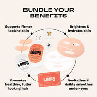 Promotional graphic for a skincare bundle with the headline 'BUNDLE YOUR BENEFITS' and illustrated product packets and sheet masks arranged in a circular layout with benefit callouts.