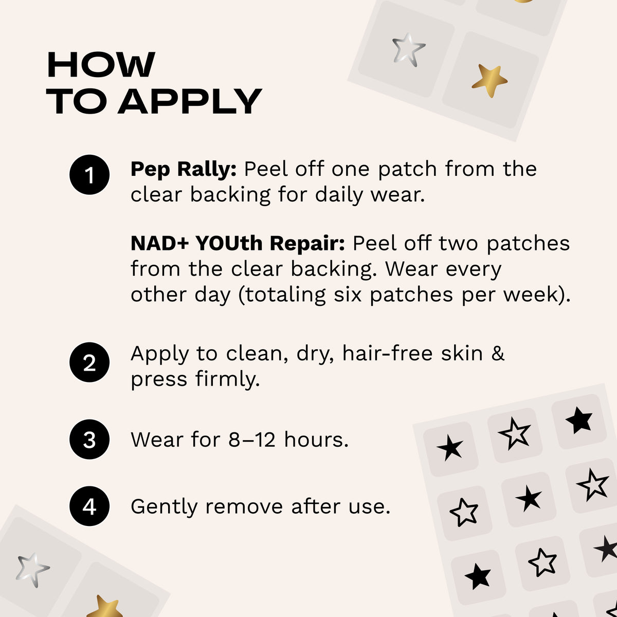 Instruction graphic titled 'HOW TO APPLY' with four numbered steps for using peel-off star patches, shown on a light beige background with decorative patch illustrations in the corners.