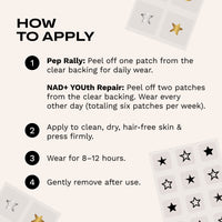Instruction graphic titled 'HOW TO APPLY' with four numbered steps for using peel-off star patches, shown on a light beige background with decorative patch illustrations in the corners.