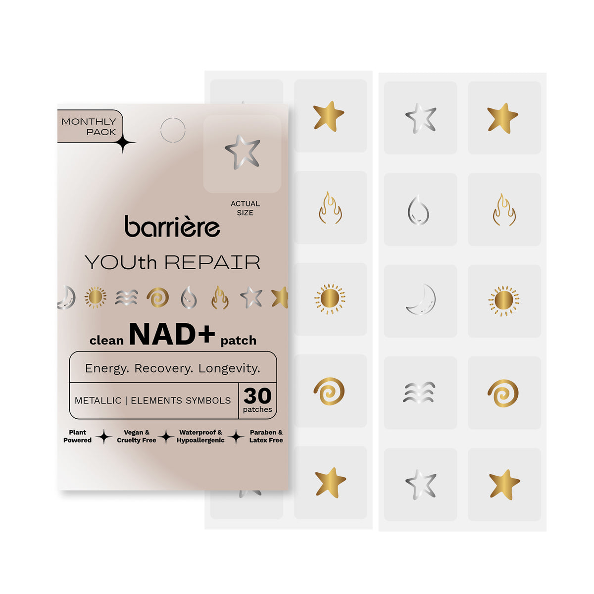 Barrière Youth Repair clean NAD+ patch monthly pack showing the front packaging card and two sheets of metallic symbols, including stars, moons, suns, and geometric designs in gold and silver.