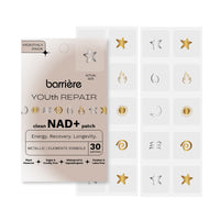 Barrière Youth Repair clean NAD+ patch monthly pack showing the front packaging card and two sheets of metallic symbols, including stars, moons, suns, and geometric designs in gold and silver.