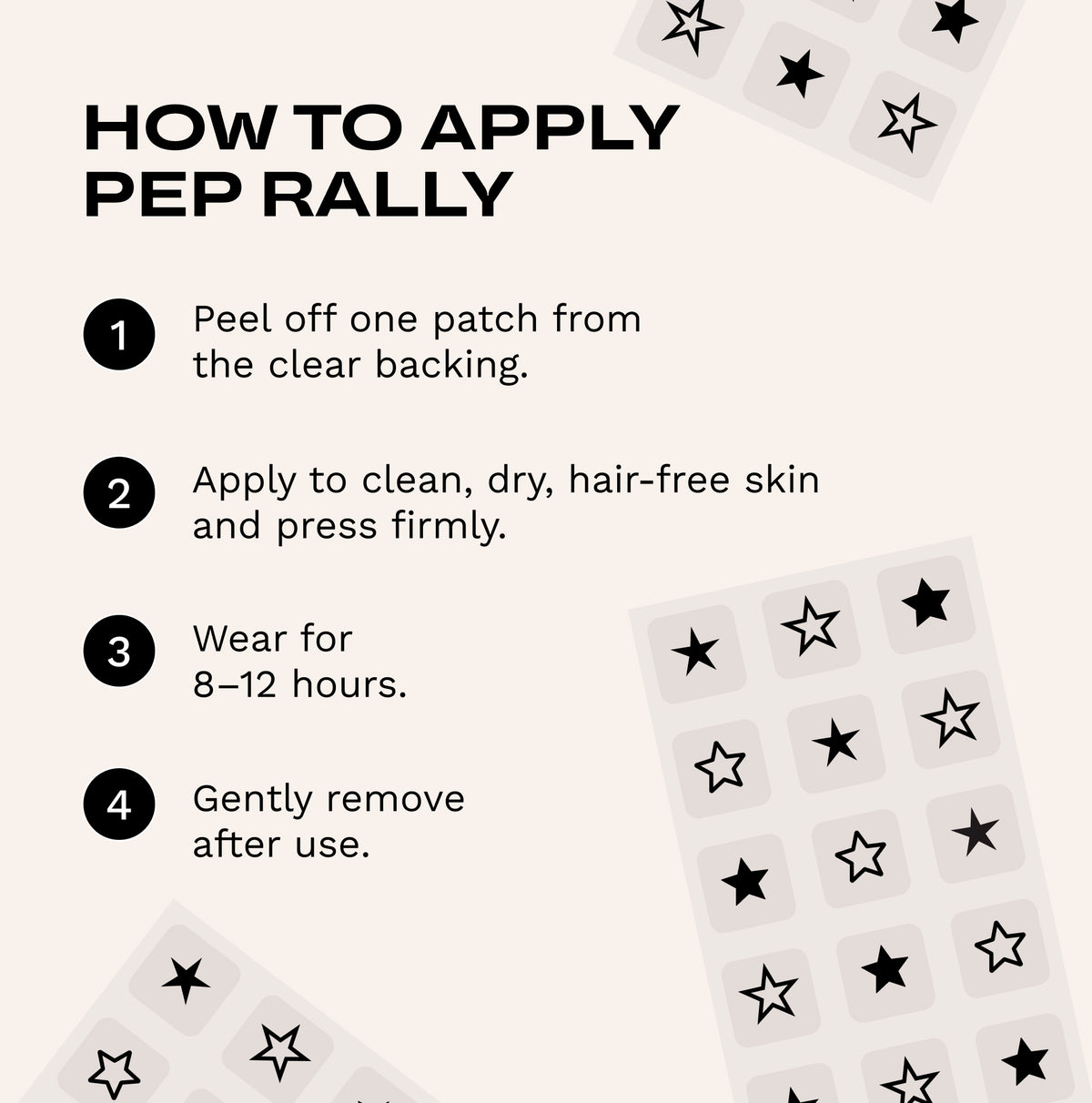 Instruction graphic titled 'HOW TO APPLY PEP RALLY' with four numbered steps for applying a patch, plus decorative sheets of star-shaped patches on a light beige background.