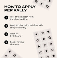 Instruction graphic titled 'HOW TO APPLY PEP RALLY' with four numbered steps for applying a patch, plus decorative sheets of star-shaped patches on a light beige background.