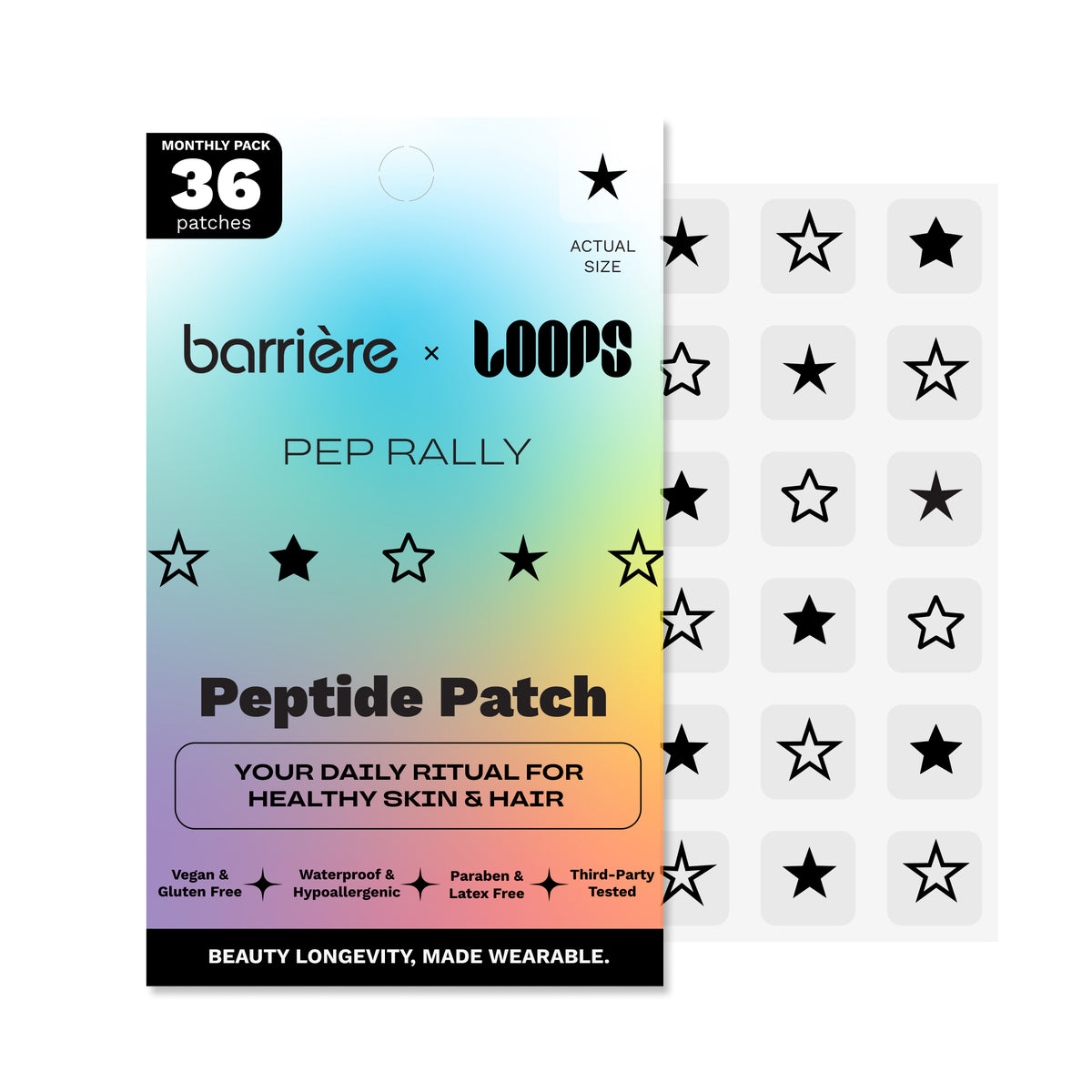 A package of peptide patches from the collaboration barrière x LOOPS, featuring a pastel rainbow gradient background with black star graphics, next to a sheet of actual star-shaped patches on a white background.
