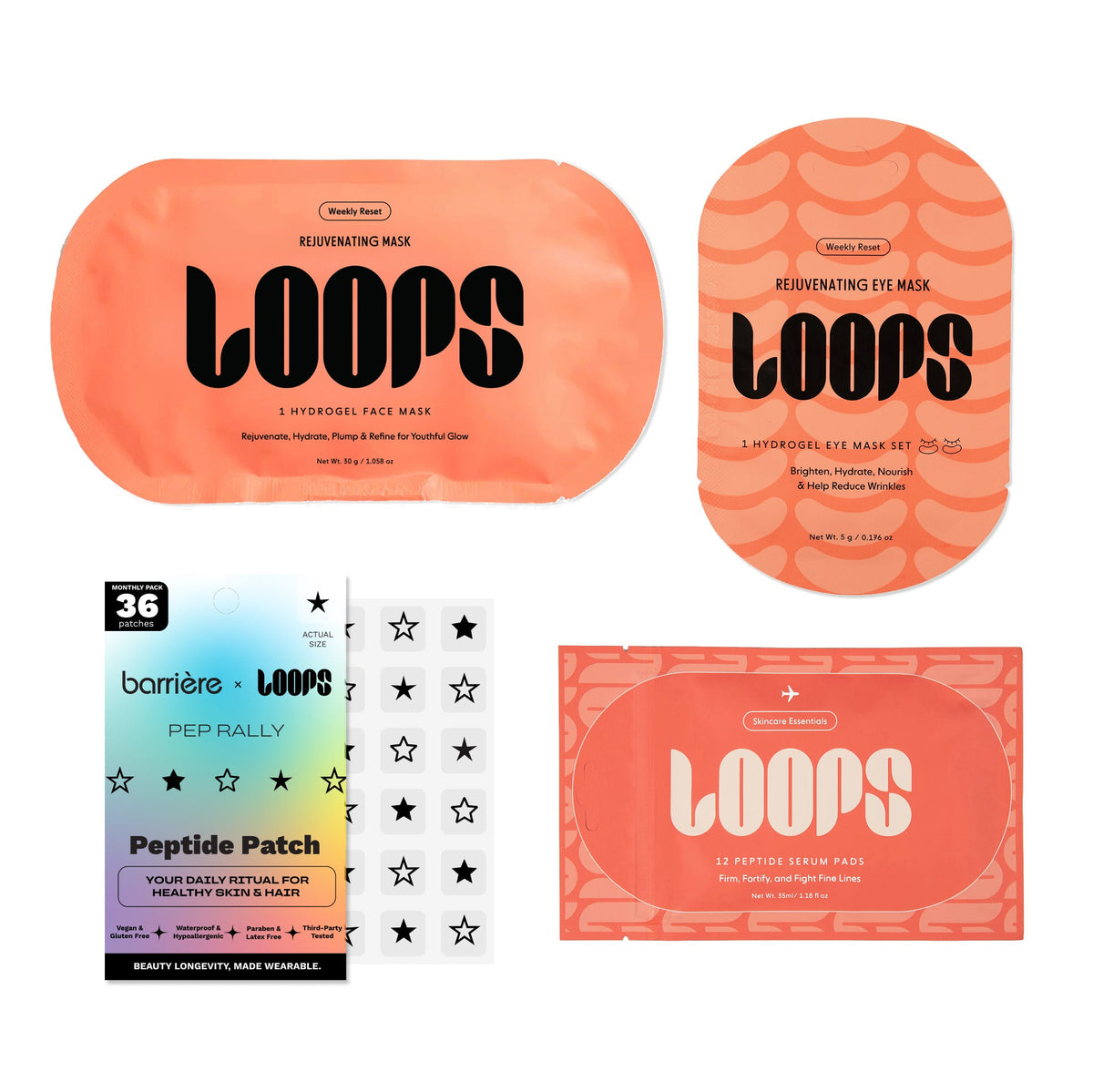 Four skincare packaging pieces arranged on a light gray background: two peach-orange sheet masks labeled LOOPS, one blue-and-purple barriere patch packet labeled barriere x LOOPS Peptide Patch, and one white sheet with black star-shaped patches. Visible brand text includes LOOPS and barriere.