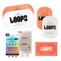 A collection of skincare packaging from the brand Barriére, including various LOOPS ultra-hydrating eye and peptide patches in white, orange, and pastel gradient colors, arranged on a plain white background.