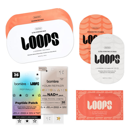 A collection of skincare packaging from the brand Barriére, including various LOOPS ultra-hydrating eye and peptide patches in white, orange, and pastel gradient colors, arranged on a plain white background.