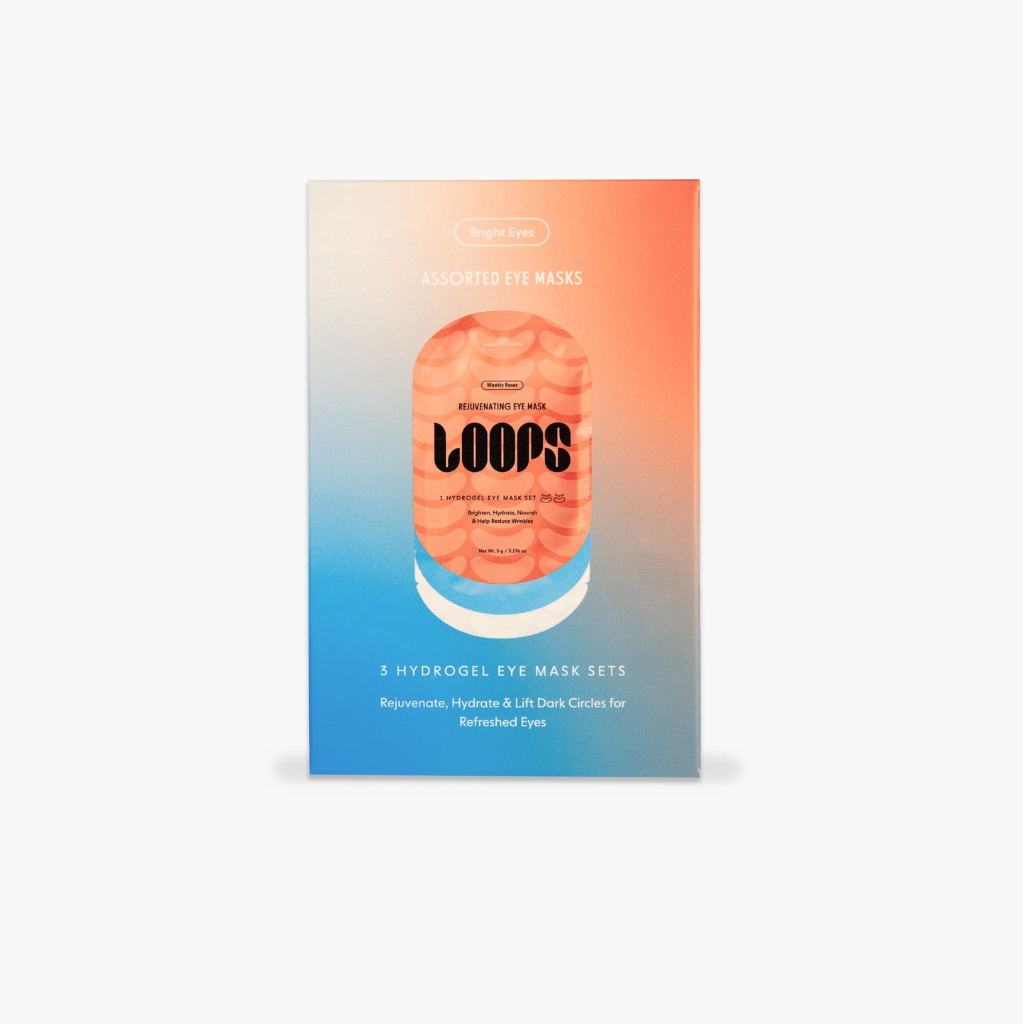 Box of Loops hydrogel eye masks with gradient design on a white background