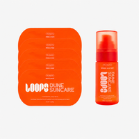 Loops Dune Suncare Miracle Jelly Mist shown with its orange outer packaging sleeve and a matching orange spray bottle on a light gray background.