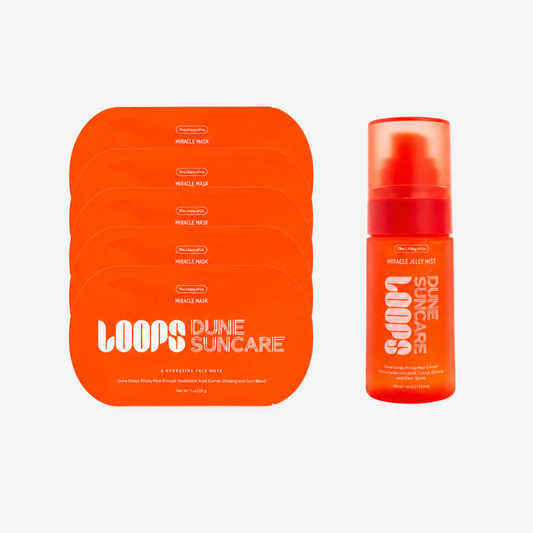 Loops Dune Suncare Miracle Jelly Mist shown with its orange outer packaging sleeve and a matching orange spray bottle on a light gray background.