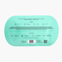The back of a mint green sheet mask packaging, featuring product ingredients, usage instructions, a barcode, and a QR code on a light gray background.