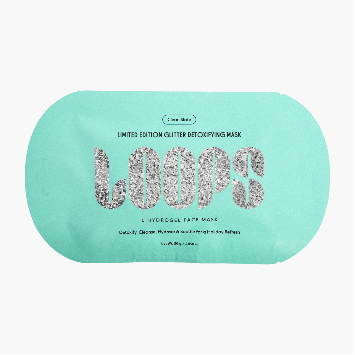 A mint green Clean Slate single-use face mask packet with 'LOOPS' written in glittery silver letters