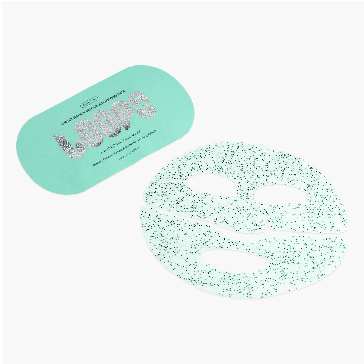 A sheet mask set featuring a mint green oval packaging card and a matching mint green sheet mask with darker green glitter displayed on a clean white background.