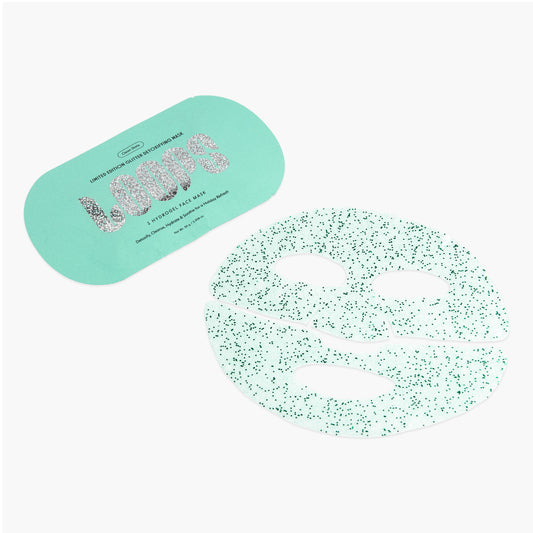 A sheet mask set featuring a mint green oval packaging card and a matching mint green sheet mask with darker green glitter displayed on a clean white background.
