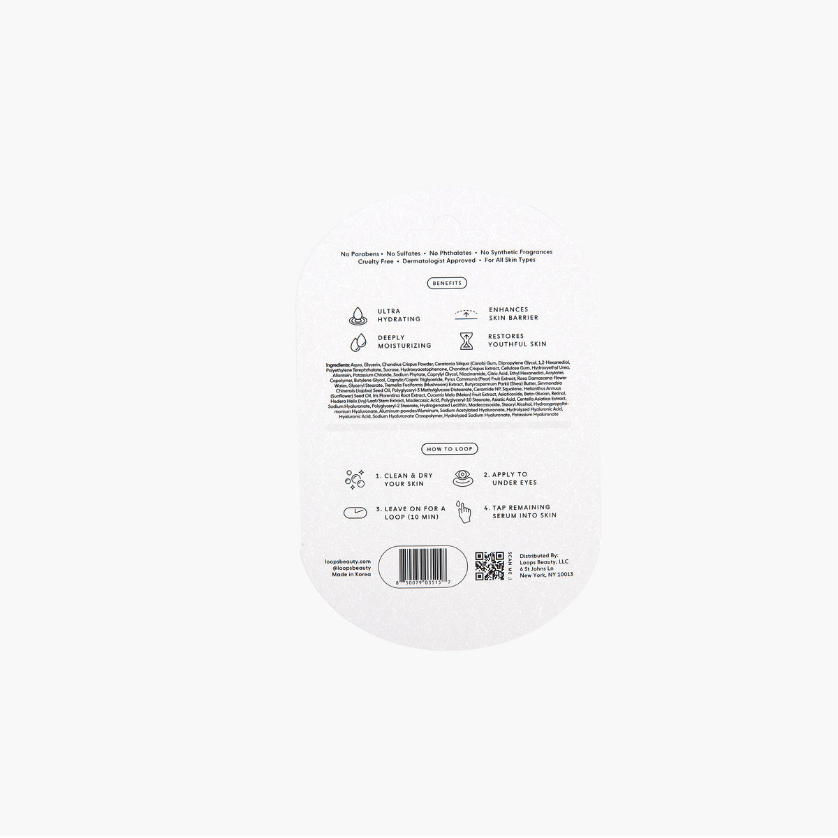 The back of a white oval product packaging label with black text, icons, and a barcode, centered on a light gray background.