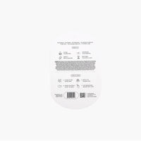The back of a white oval product packaging label with black text, icons, and a barcode, centered on a light gray background.