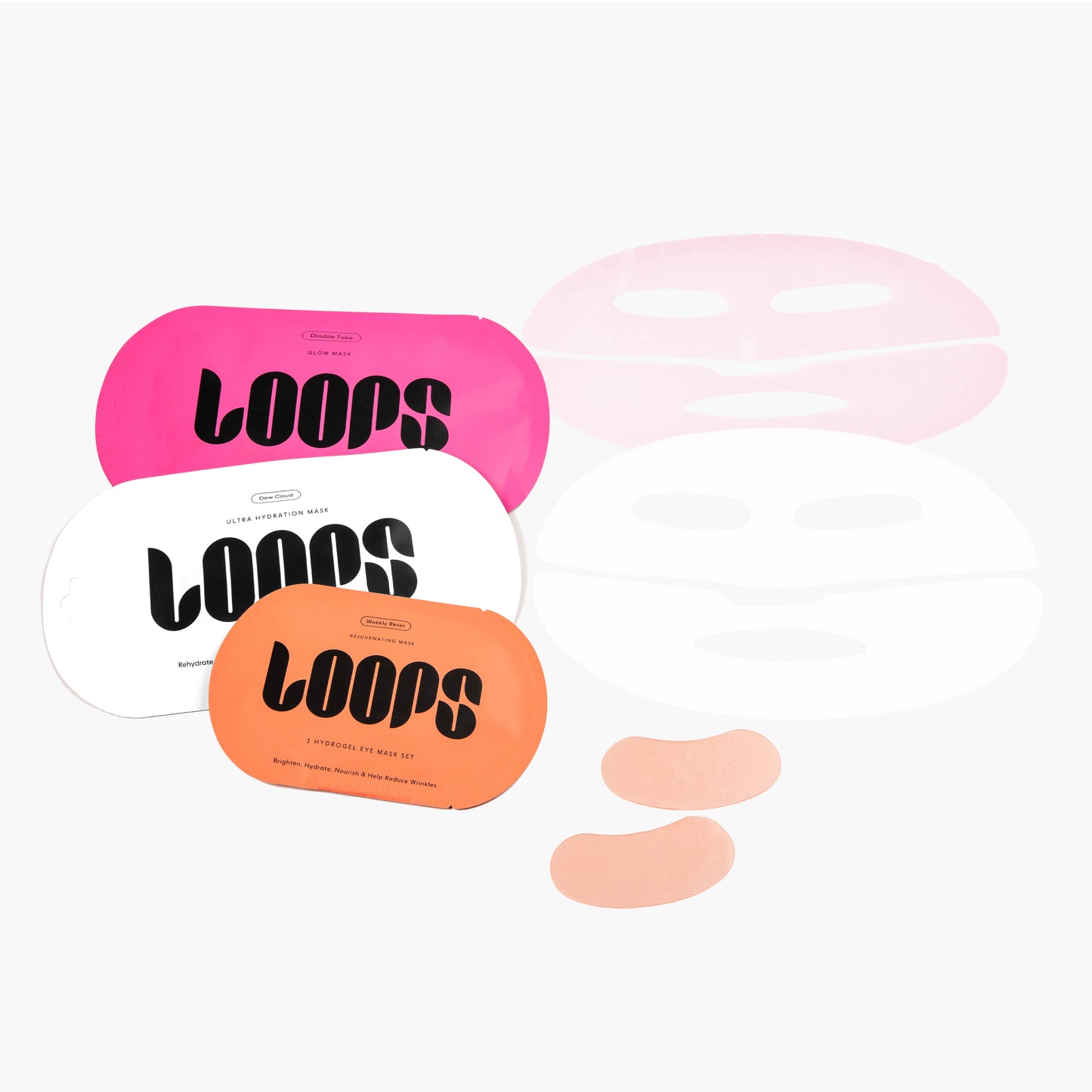 Laydown of 2 LOOPS hydrogel face masks and 1 hydrogel eye mask