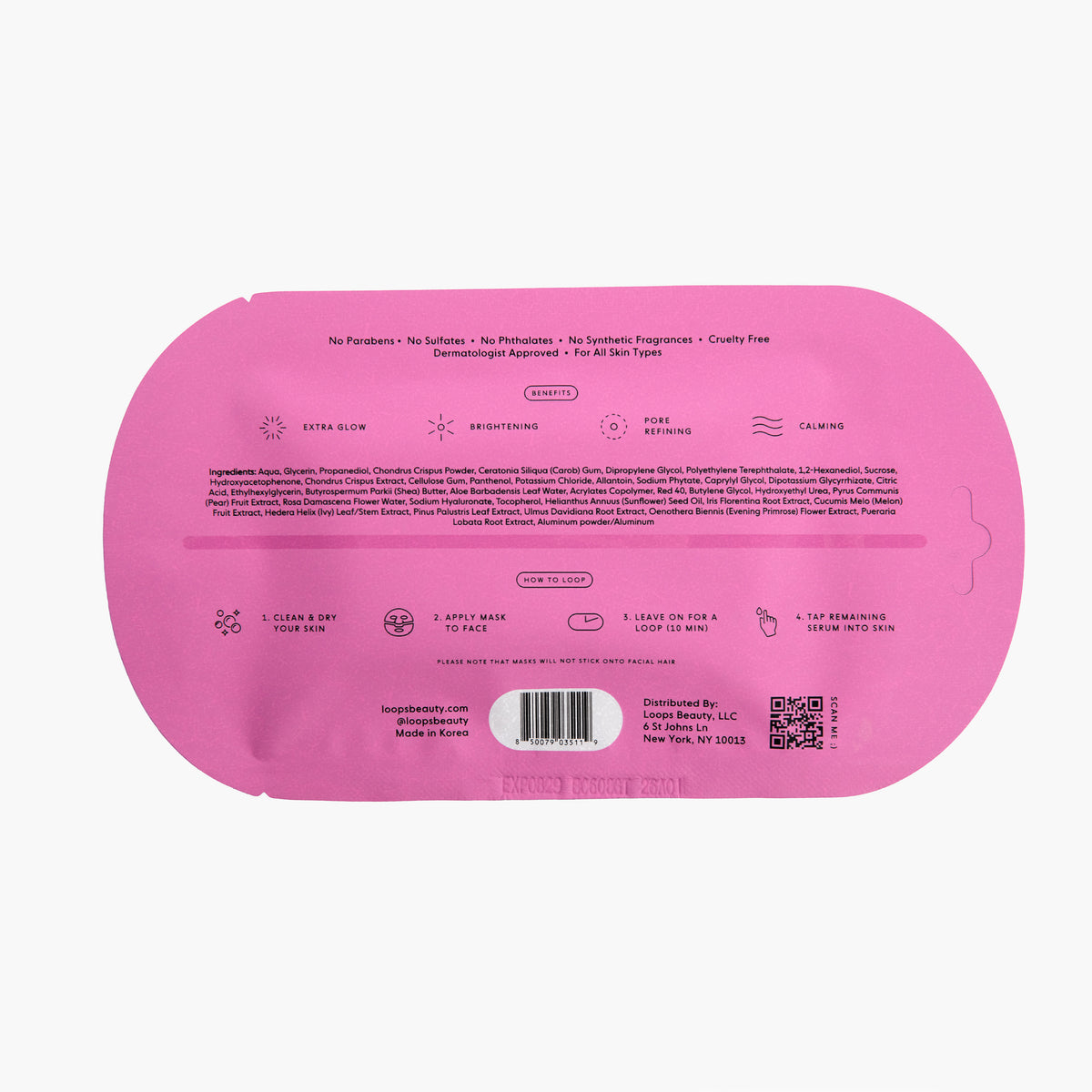 The back of a pink foil packet for 'Glow' skincare, featuring product details, ingredients, instructions, a barcode, and a QR code on a white background.