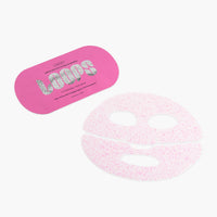 A pink sheet mask and its matching pink packaging case on a clean white background. The packaging features the brand name 'LOOPS' in glittery silver letters.