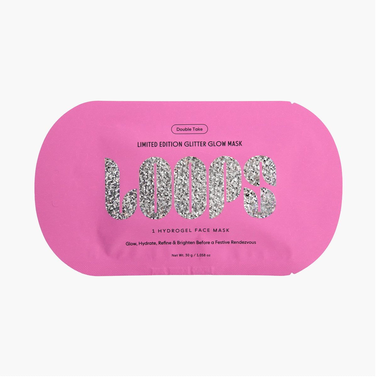A pink Double Taker Loops Limited Edition Glitter Glow Mask pouch with silver glitter lettering on a light gray background.