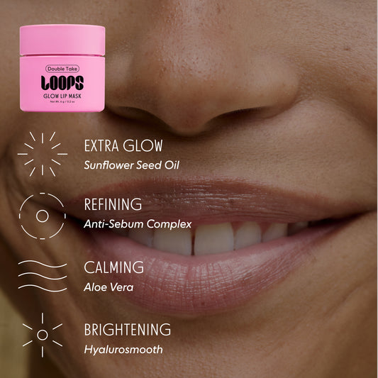 Close-up of a person's lips with a pink lip mask container labeled 'LOOPS' and text detailing product benefits. Extra Glow (Sunflower Seed Oil); Refining (Anti-Sebum Complex); Calming (Aloe Vera); Brightening (Hyalurosmooth)