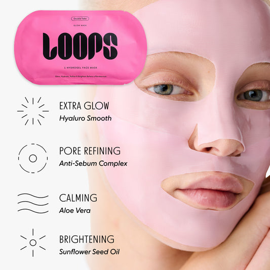Pink hydrogel face mask with 'LOOPS' branding and text highlighting benefits on a white background. Extra Glow (Hyaluro Smooth), Pore Refining (Anti-Sebum Complex), Calming (Aloe Vera), Brightening (Sunflower Seed Oil)