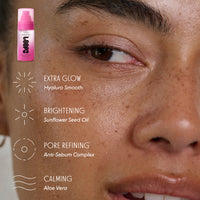 Close-up of a person's eye with skincare product and benefits listed