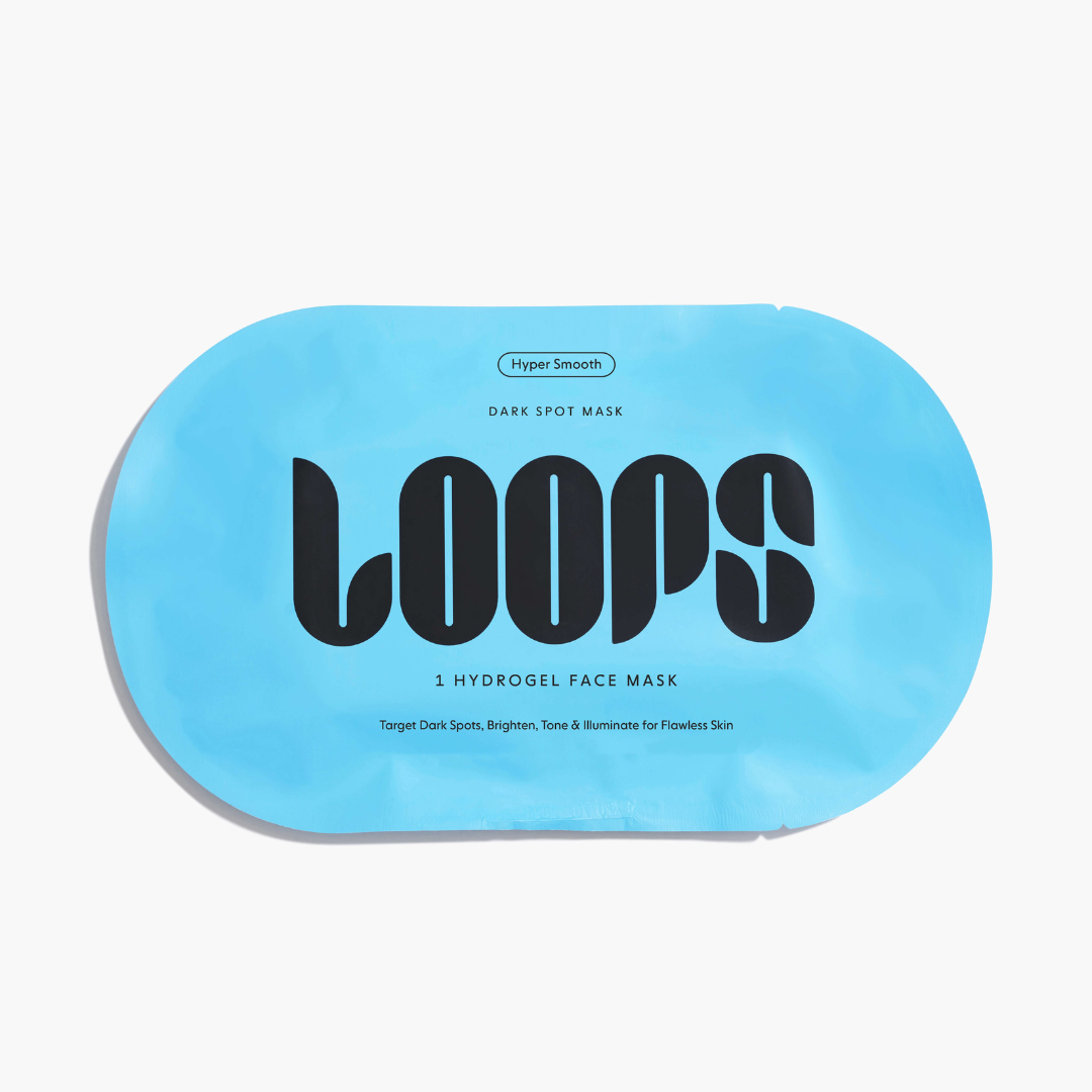 Oval shaped LOOPS Hyper Smooth face mask in blue packaging.